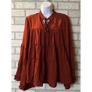Andree By Unit Womens Blouse Orange Long Sleeve Bell Tie Neck Ruffles Pullover S